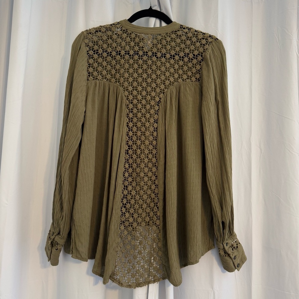 Free People The Best Shirt Olive Green Lace Oversized Button Down Top XS